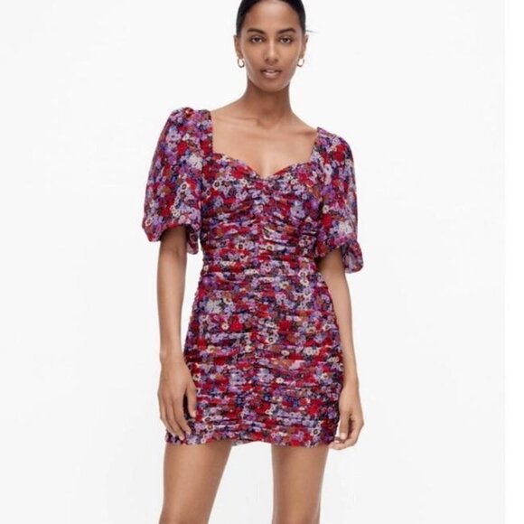 Zara Dresses & Skirts - ZARA Purple Floral Printed with Draping Casual Dress
